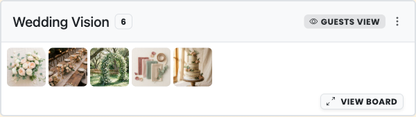A wedding vision board on the hangout's Planning tab — image tiles right next to the guest list and budget