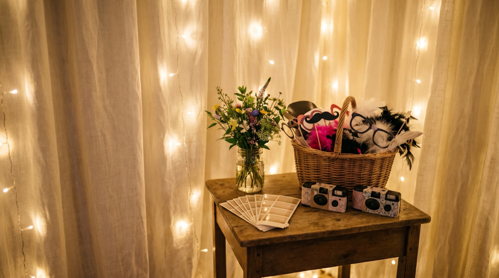 A festive wedding photo corner with a string-lit sheer-fabric backdrop glowing with warm fairy lights, a wooden side table holding a stack of blank printed photo strips, two vintage disposable cameras, a mason jar of wildflowers, and a basket of fun props