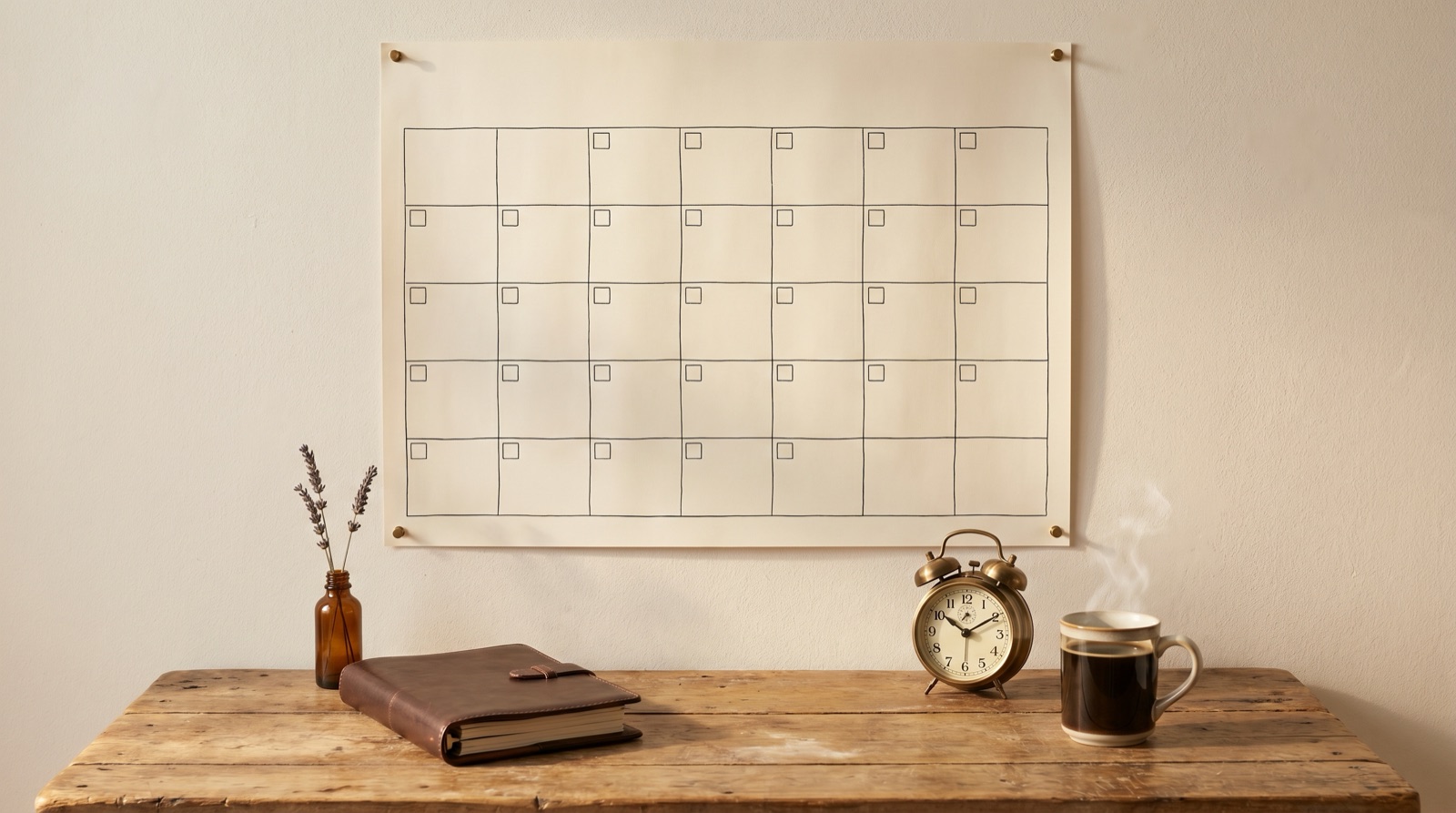 A large blank monthly calendar grid pinned to a beige wall above a wooden desk holding a closed leather planner, dried lavender, a brass alarm clock, and a cup of coffee in warm afternoon light