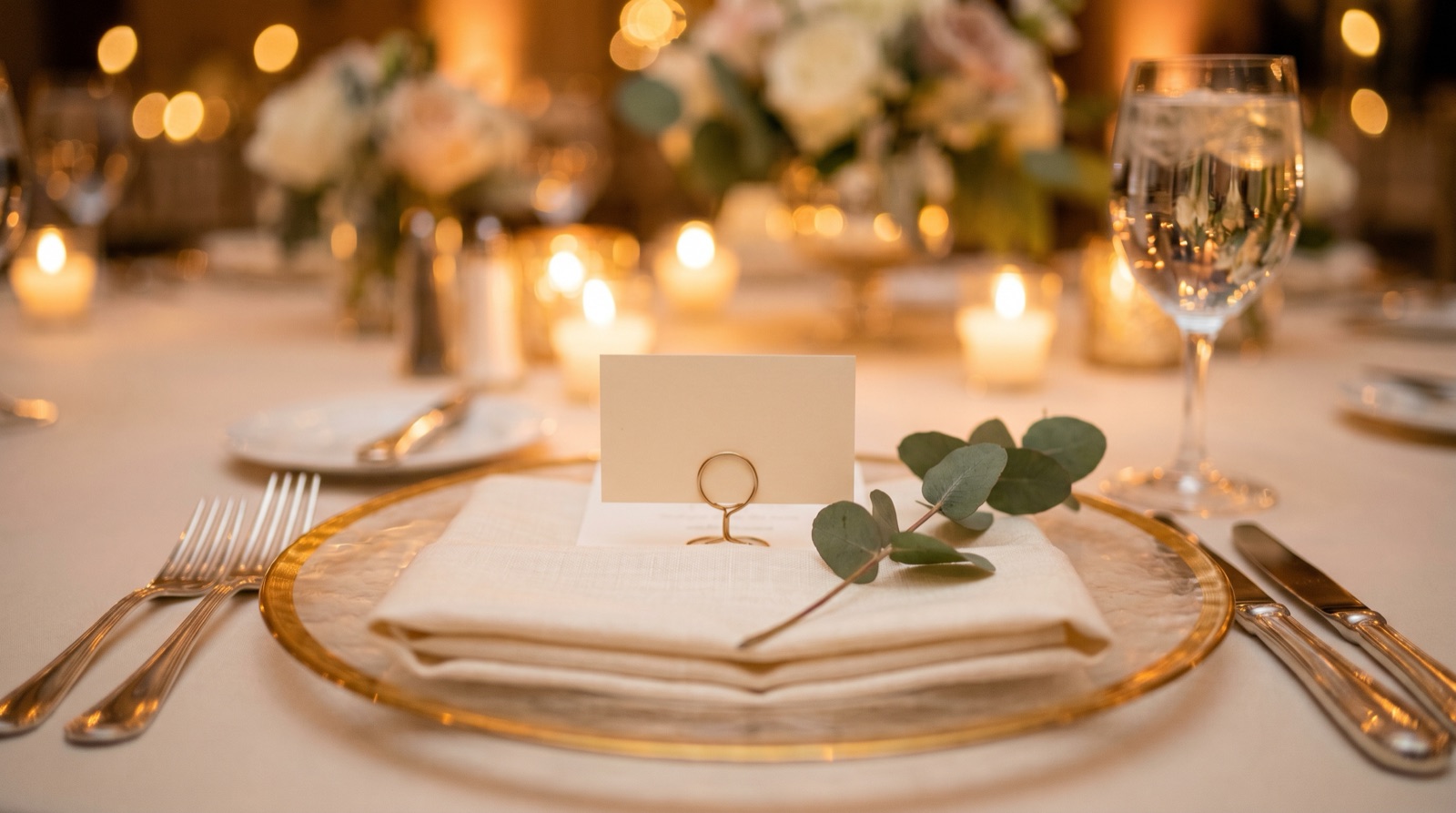 A close-up of a single wedding place setting with a gold-rimmed charger plate, folded linen napkin, a blank cream place card in a gold holder, a sprig of eucalyptus, and a crystal goblet, glowing in warm candlelight
