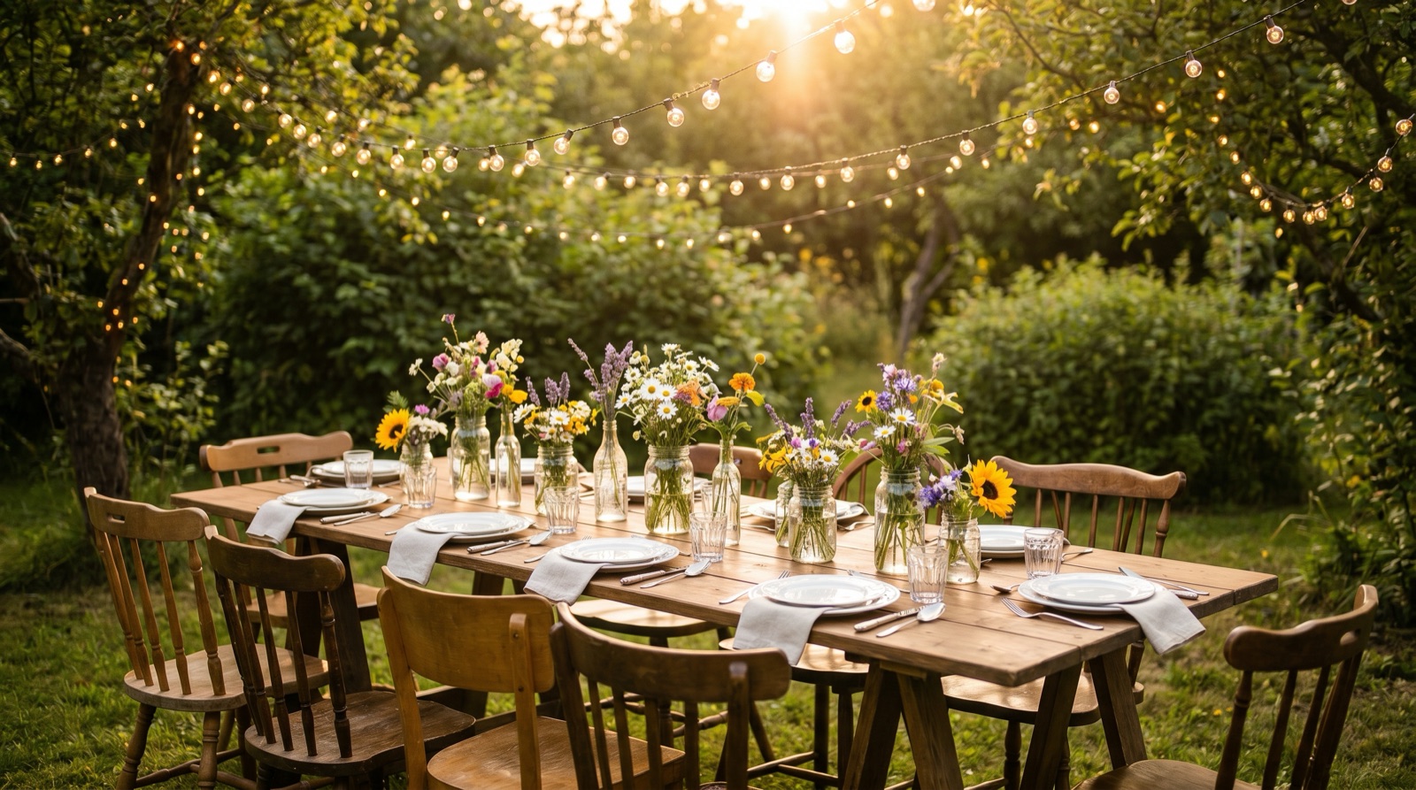 Warm photographic overhead of a simple backyard table set for a small gathering, string lights and wildflowers in jars, soft evening light, no logos, no text, no people