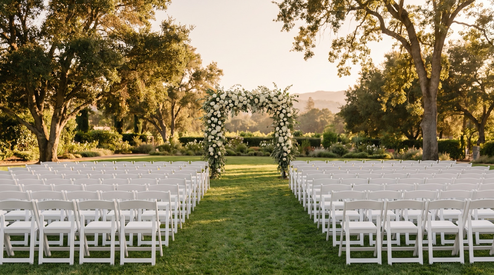 An outdoor wedding ceremony space with neat rows of white folding chairs arranged symmetrically on a manicured lawn, leading to a white floral arch, in warm late-afternoon sunlight framed by tall trees