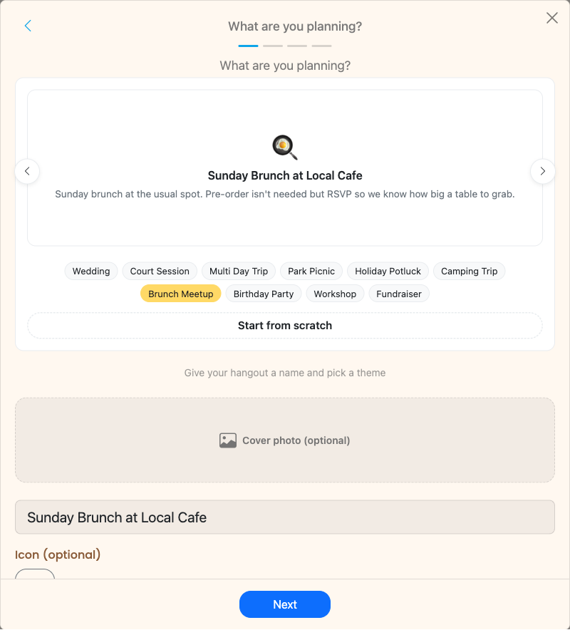 Pick Brunch Meetup from the template carousel — the RSVP survey is pre-wired so you skip straight to adding your restaurant poll