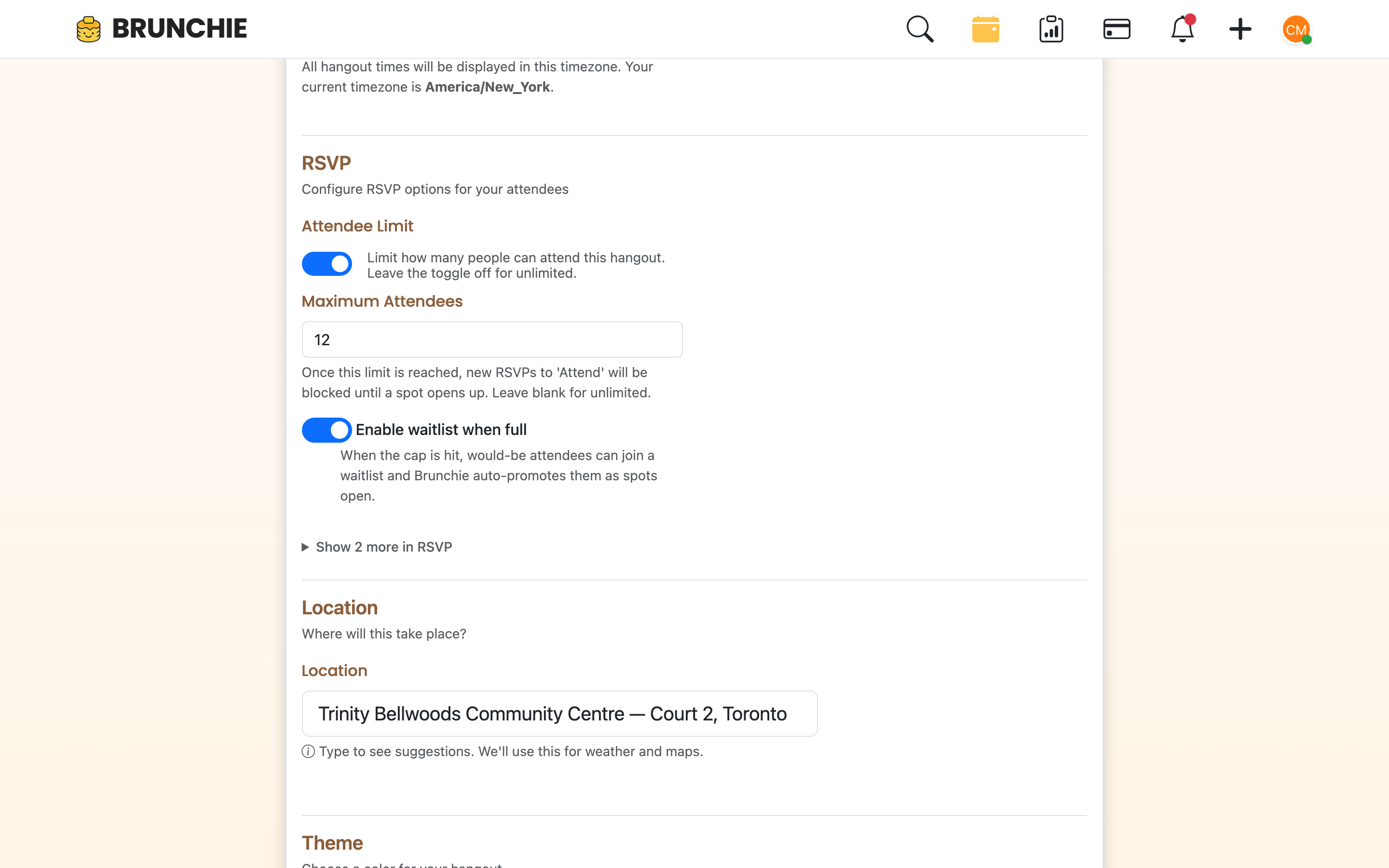 Event edit form RSVP section — Timezone, RSVP Deadline toggle, RSVP Date picker, Attendee Limit toggle, No Maybes toggle, Location field. Used by guides/attendee_limits.md.