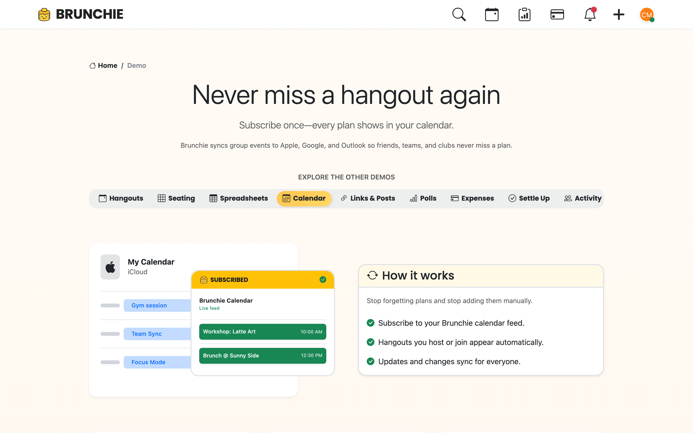 Calendar Feed Demo page — 'Never miss a hangout again' hero, demo tab nav (Hangouts/Seating/Spreadsheets/Calendar/Links/Polls/Expenses/Settings), My Calendar widget with Brunchie Calendar subscribed feed showing live items, How it works steps card. Used by guides/calendar_sync.md.