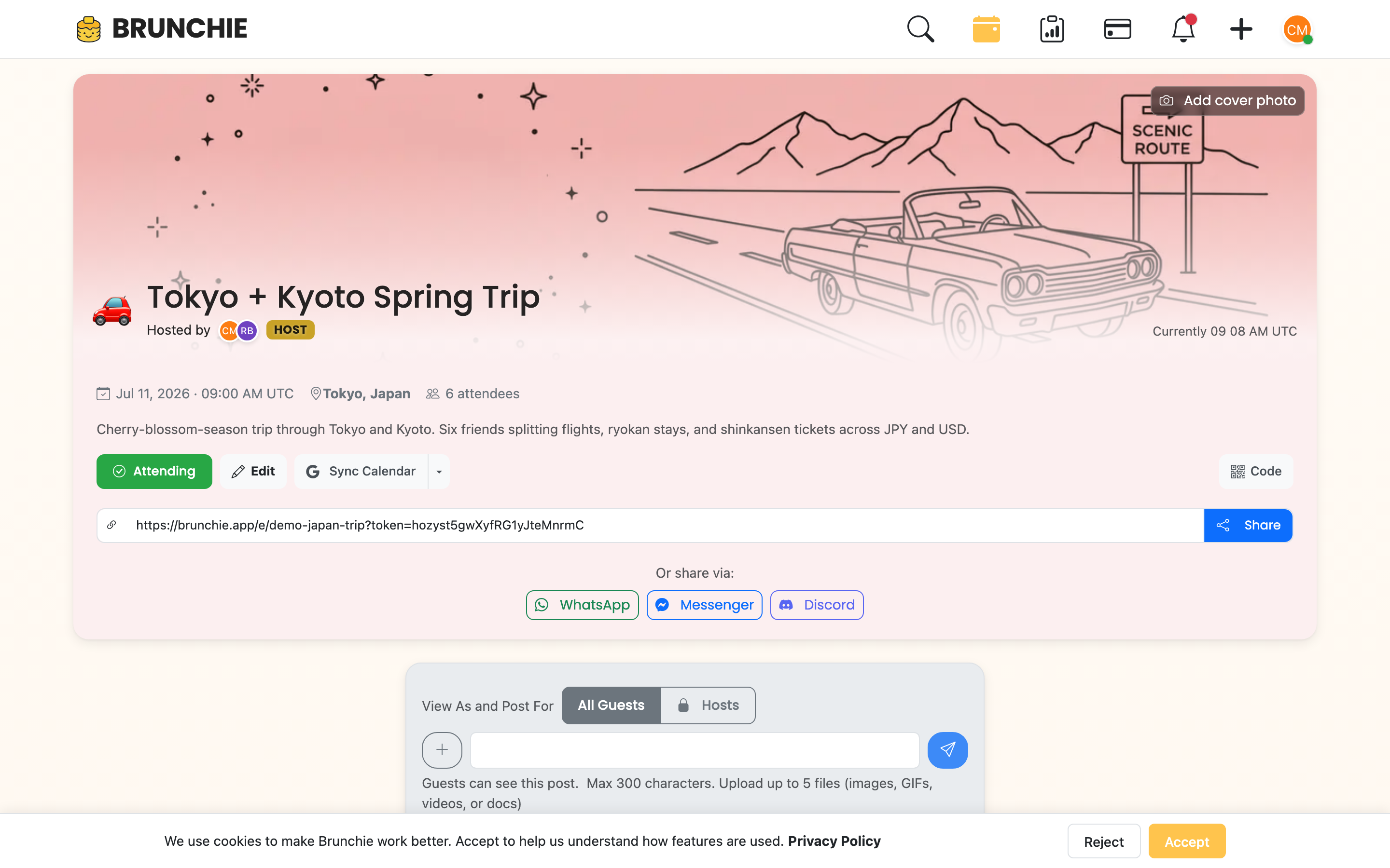 Expenses tab on the demo Japan trip hangout, showing 8 expenses across JPY and USD with the per-participant split column populated. Used by guides/expense_splitting.md.