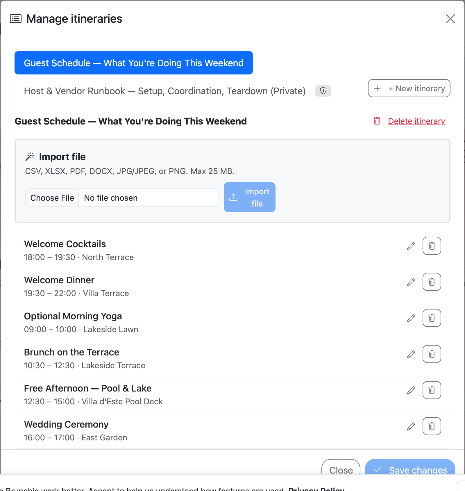 Itinerary manager modal open on the demo wedding hangout, showing the Import file card — file picker accepting CSV, XLSX, PDF, DOCX, JPG/JPEG, or PNG up to 25 MB, plus the existing Guest Schedule itinerary items below. Captured against demo-wedding-lake-como as rich@brunchie.app (host/cohost). Used by guides/importing_data.md.
