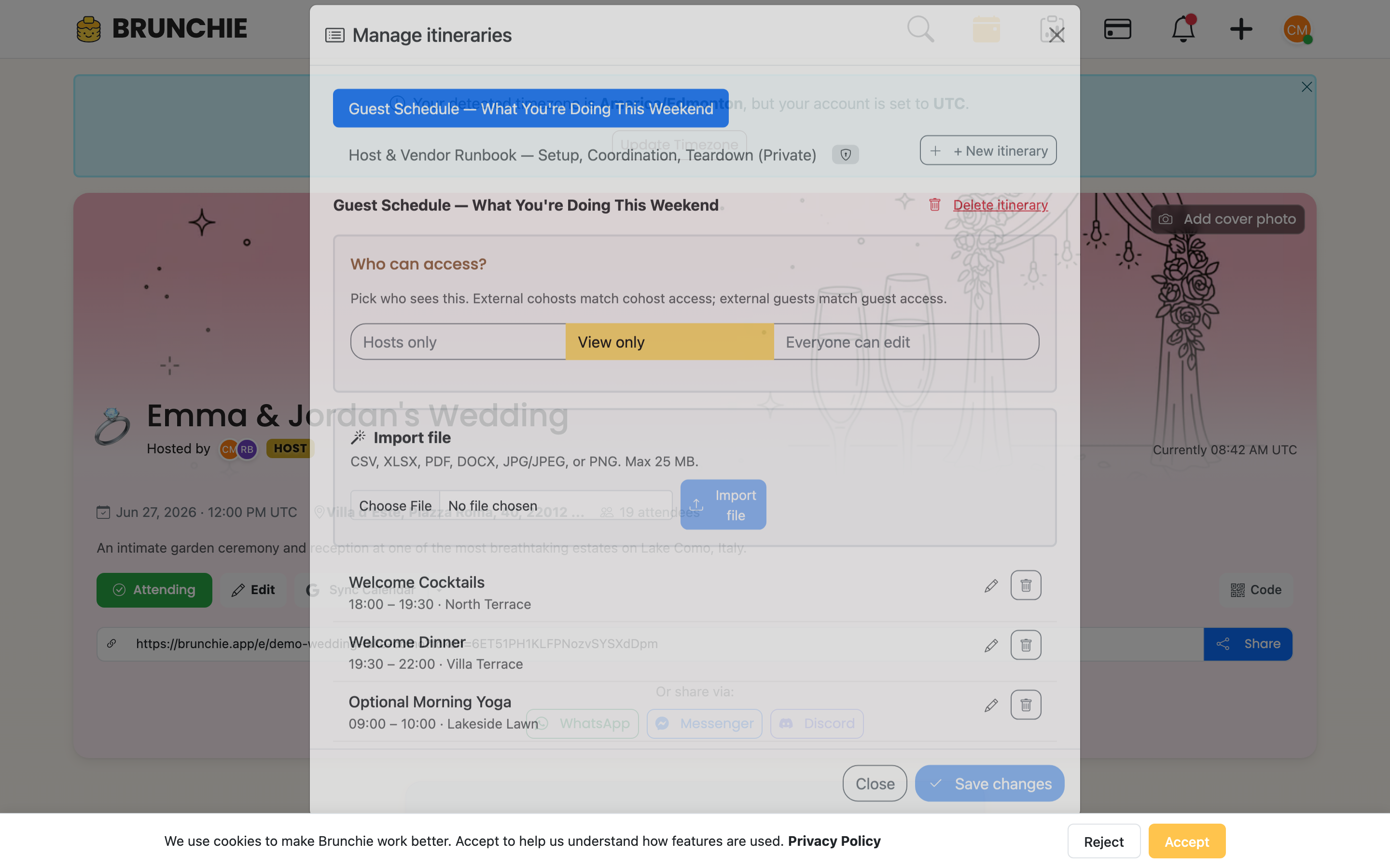 Itinerary manager modal showing two itineraries (public Schedule + host-only Trip leader runbook) with the Who can access? Hide/View buttons. Used by guides/itinerary.md.