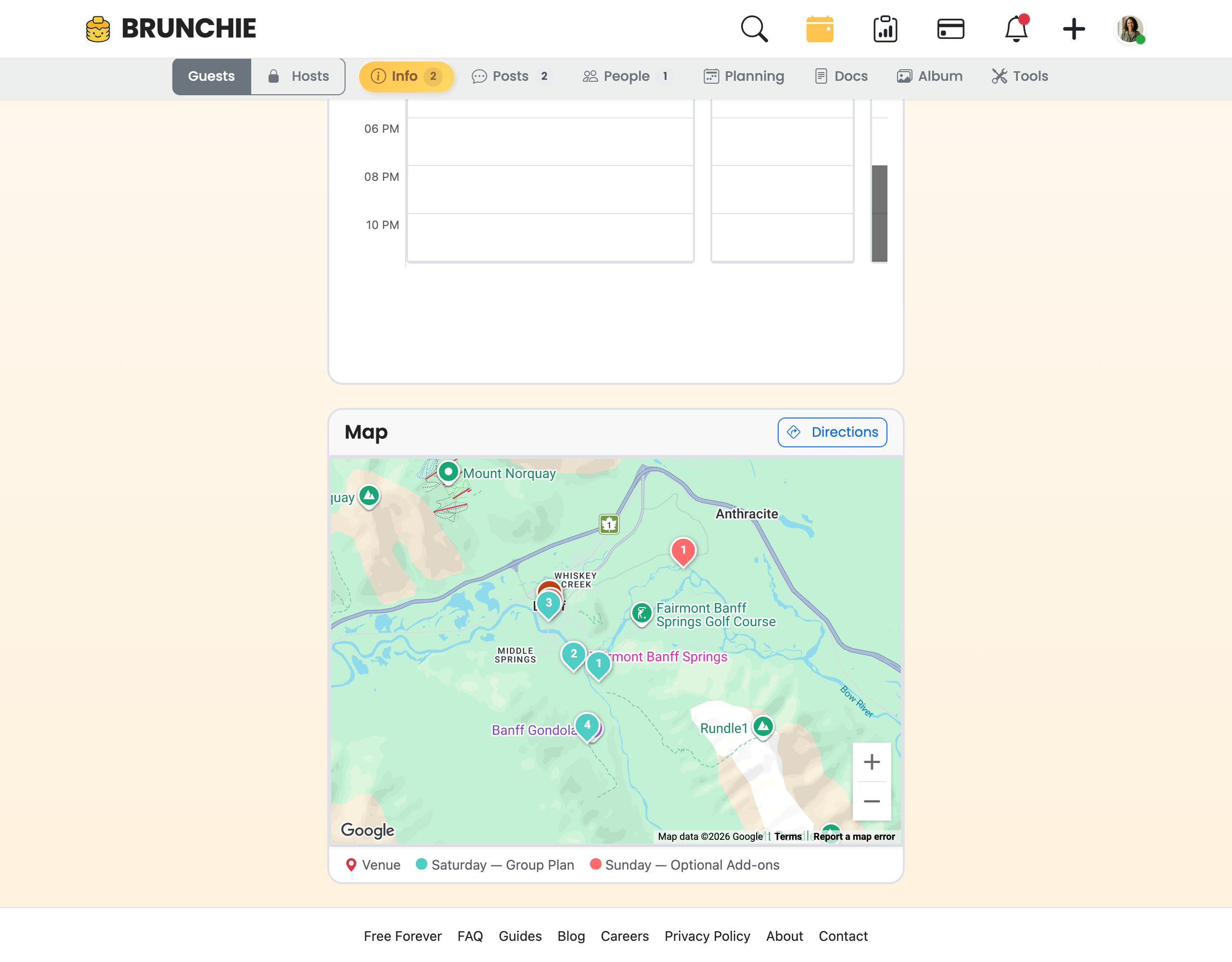 Hangout map on the demo Banff weekend — numbered itinerary-stop pins colored per schedule (Saturday + Sunday), the venue pin, and the legend. Captured against Demo::ItineraryViewsScenario (brunchie-app #1720). Used by guides/itinerary.md.