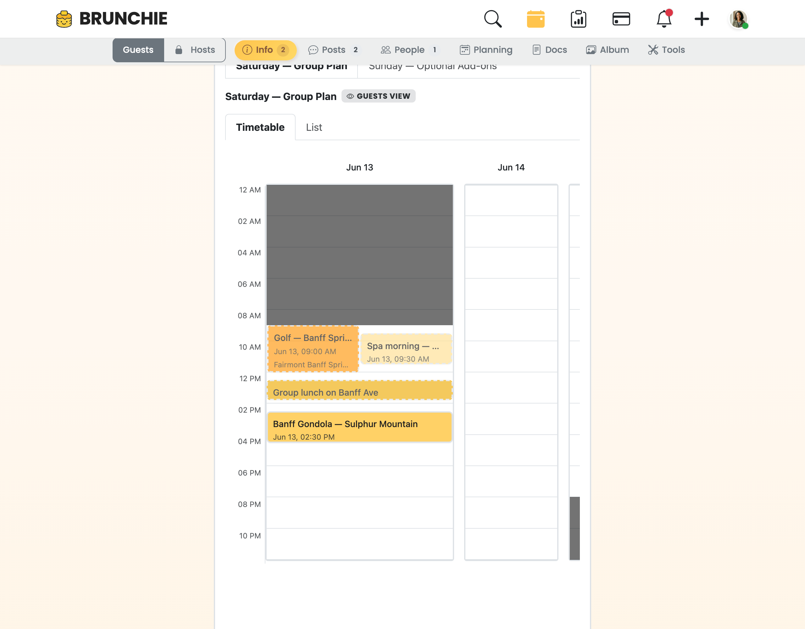 Itinerary timetable on the demo Banff weekend — Golf (9:00–12:00) and Spa (9:30–11:30) overlap the same morning and render side by side in lanes. Captured against Demo::ItineraryViewsScenario (brunchie-app #1720). Used by guides/itinerary.md and the overlapping-activities blog post.