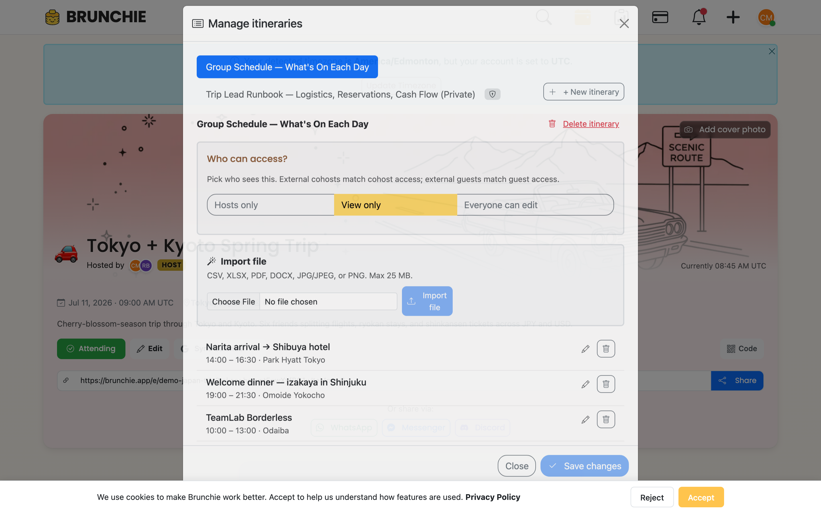 Itinerary manager modal on the Japan trip — Group Schedule + Trip Leader Runbook tabs (Hosts only / View only audience toggle), per-day list with edit/delete affordances. Used by guides/itinerary.md and guides/japan_trip_setup.md.