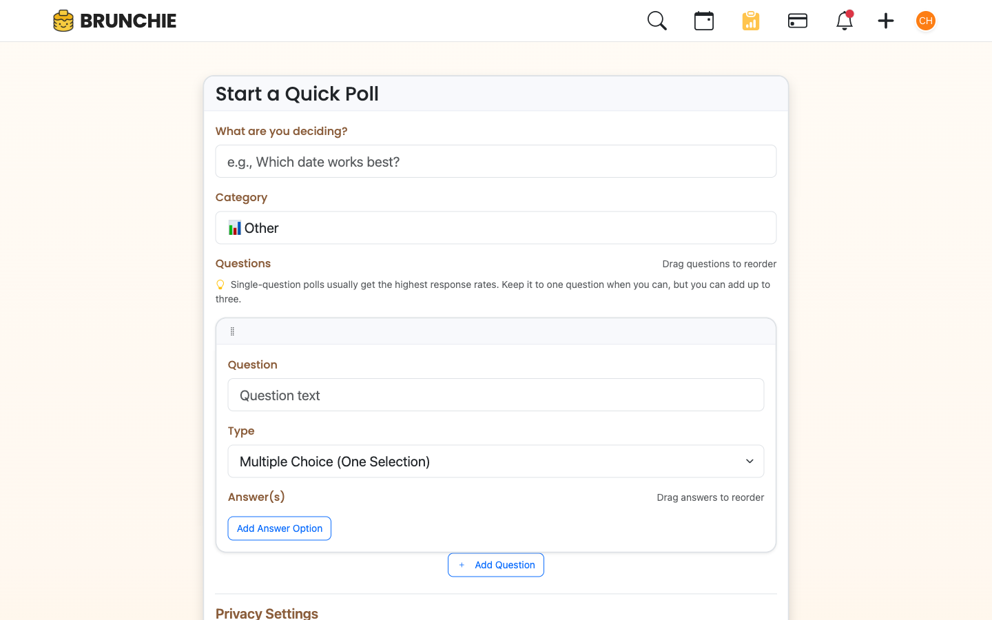 New-poll form pre-filled with a Japan trip example — 'Where should we go for dinner Tuesday?' with restaurant options. Captured against Demo::JapanTripScenario. Used by guides/polls.md and guides/japan_trip_setup.md.