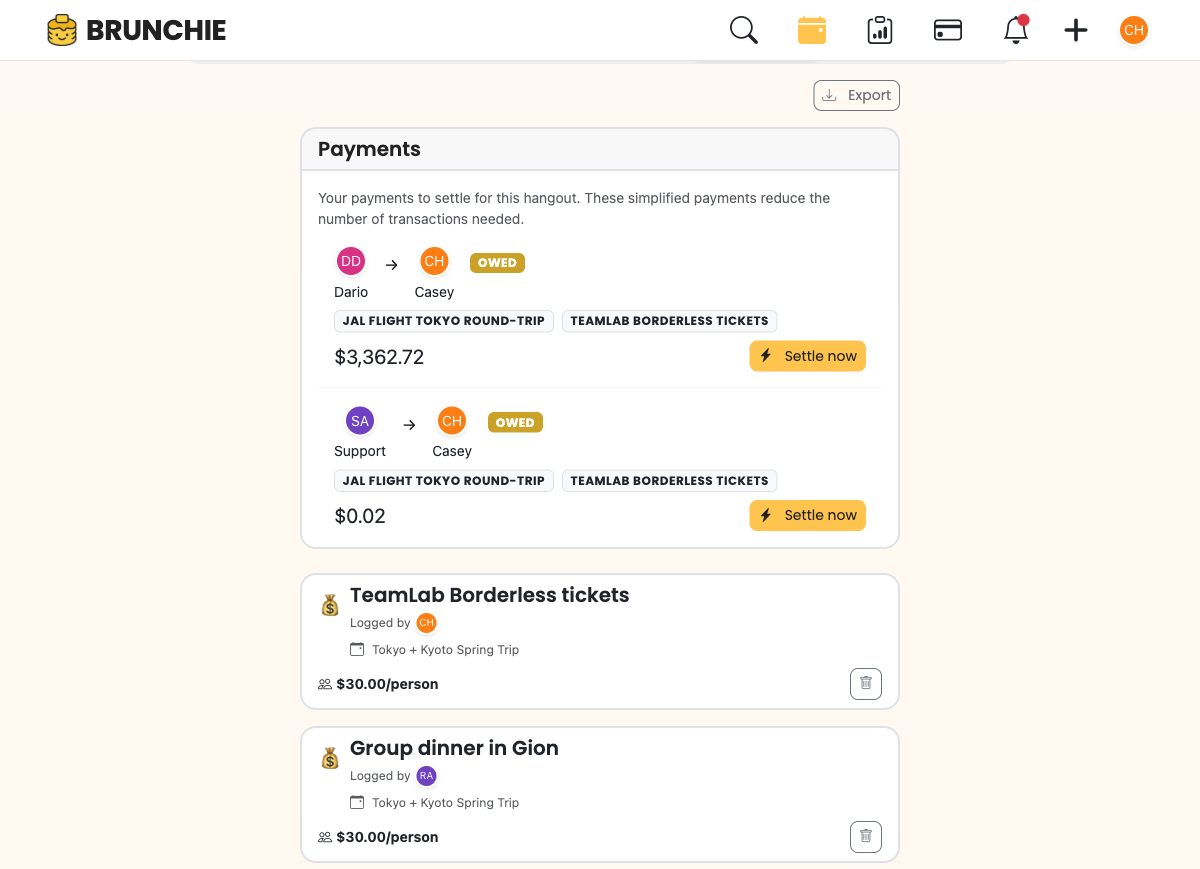 Settle-up view on the Japan trip — minimum-payment net settlement using SettlementCalculator (greedy min-transactions in a single FX-converted settlement currency, 2 net transactions across 6 people). Used by guides/expense_splitting.md and guides/group_trip_planning.md.
