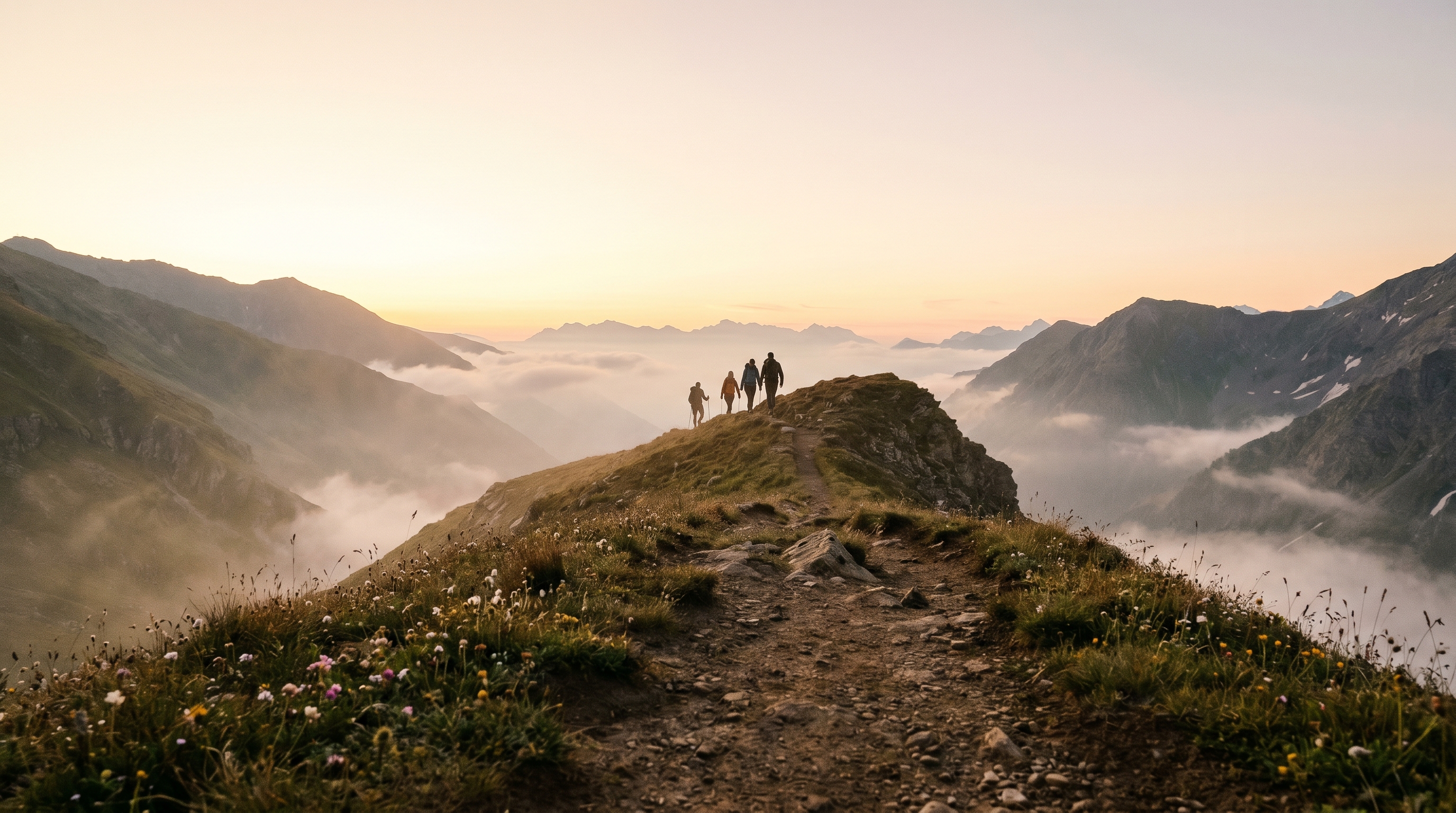 Wide-angle photographic view of a remote mountain trail at dawn with a small group of hikers on a ridge in mid-distance, no signage, no logos, no people in foreground