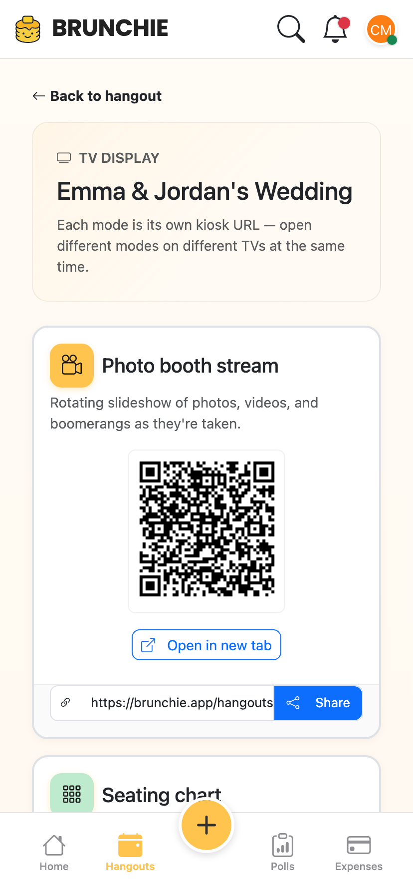 Phone-shaped remote-control page with the three mode buttons (Photos / Seating / Info) and the kiosk QR. Used by guides/presenter_mode.md.