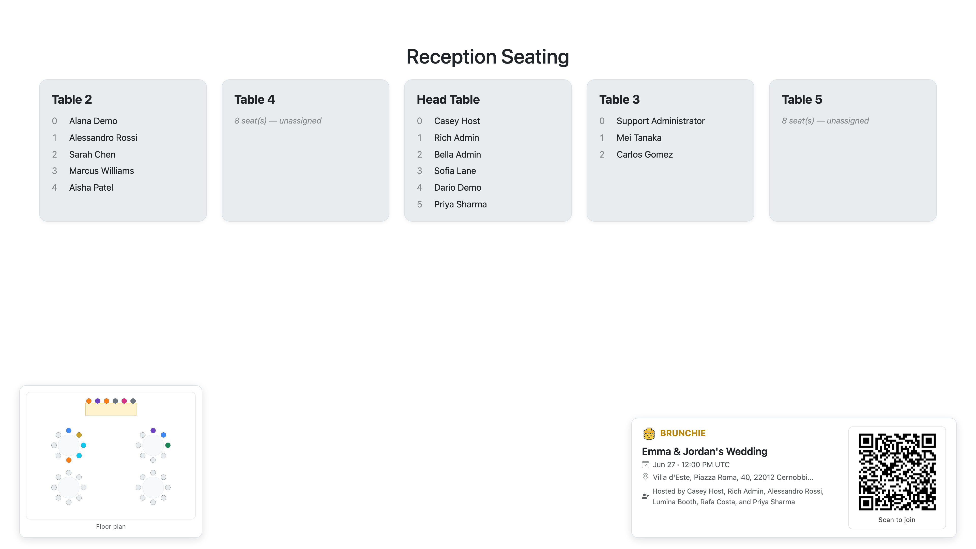Fullscreen seating chart on the kiosk, auto-fit to the screen with all 12 demo wedding tables visible. Used by guides/presenter_mode.md and blog/seating-chart-on-the-tv-find-your-table.md.