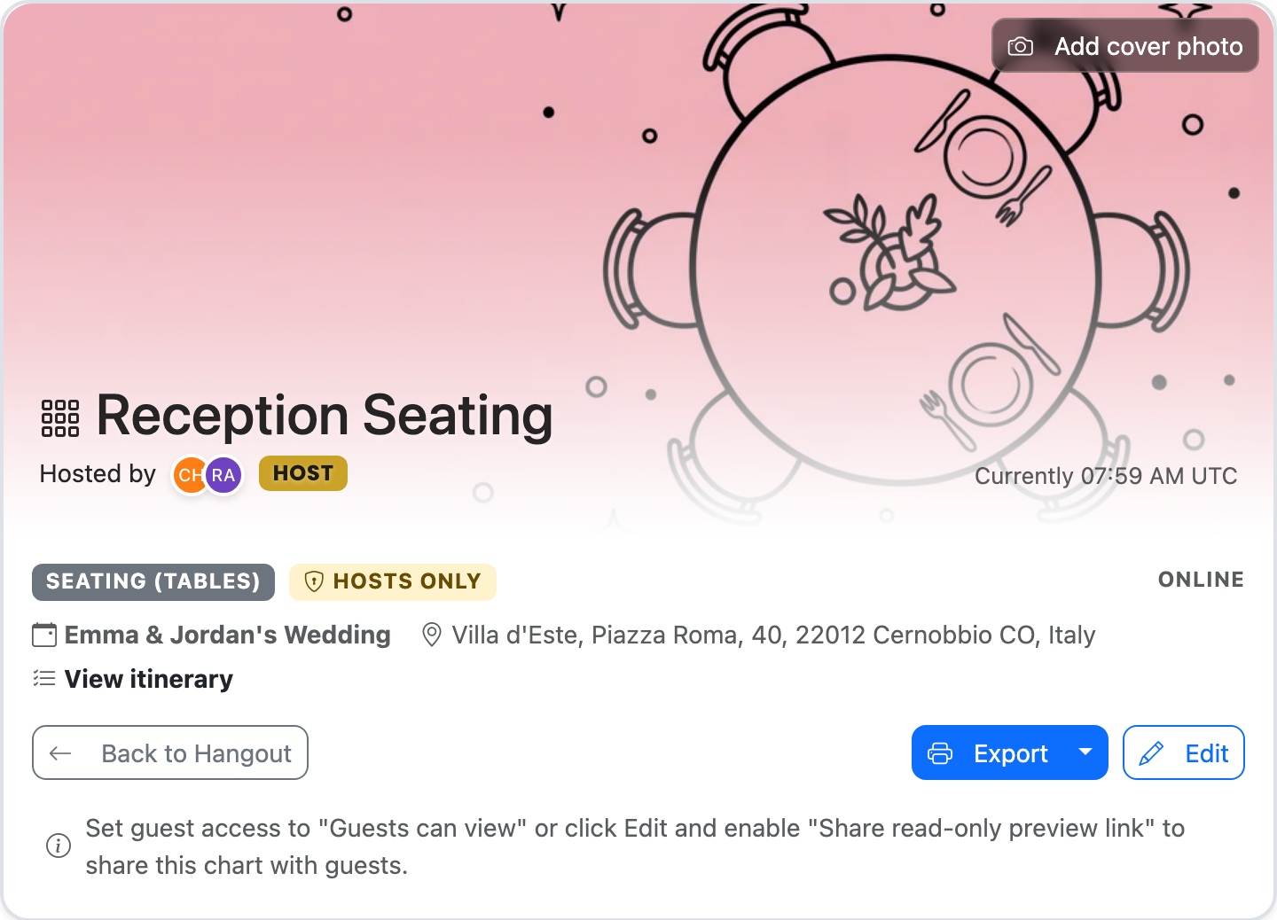 The seating chart info card showing the Export button (primary action) and More options toggle — where hosts click to kick off the PDF download. Used by guides/seating_export_pdf.md.