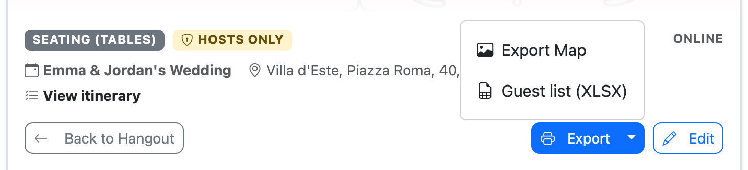 The More options dropdown open on the seating chart — shows the two legacy export options (Export Map PNG and Guest list XLSX) alongside the primary Export button. Used by guides/seating_export_pdf.md.