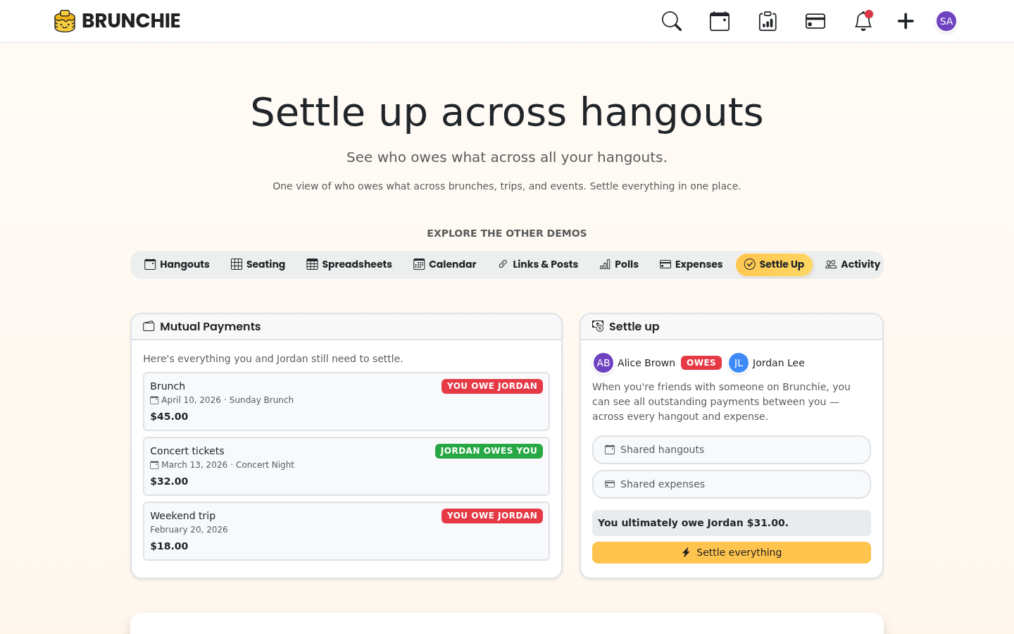 Settle-up view showing the minimum-payment net settlement (4 transactions clearing 6 people across JPY and USD). Used by guides/expense_splitting.md.