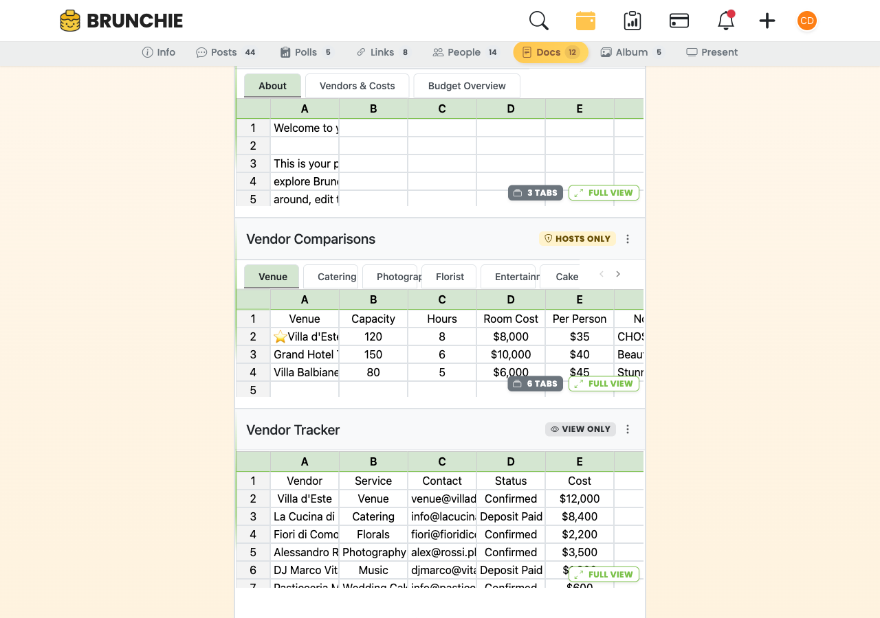 Wedding Budget spreadsheet on the Docs tab — About / Vendors & Costs / Budget Overview tabs, Vendor Comparisons table (Venue/Catering/Photography/Florist/Entertainment/Cake) with Hosts only badge, Vendor Tracker table with Confirmed / Deposit Paid statuses. Used by guides/spreadsheets.md.
