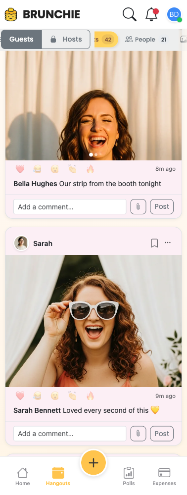 Booth feed showing a multi-photo strip post above a single-photo post. Used by guides/photobooth_vendor_api.md.