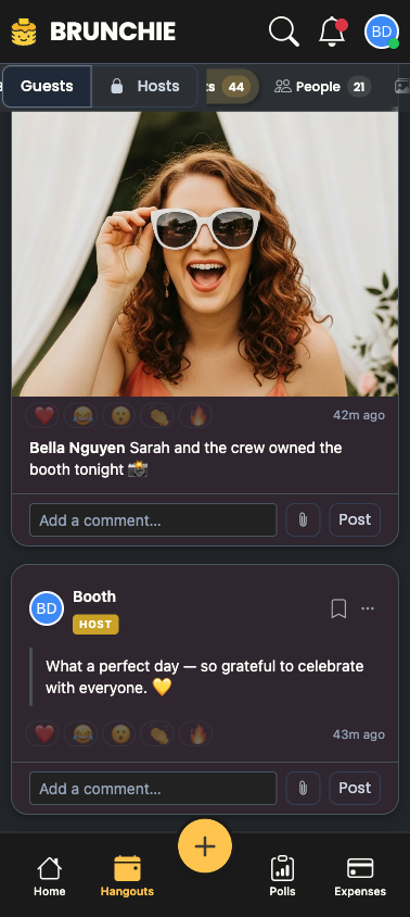 The same booth photo as a feed post, dark theme
