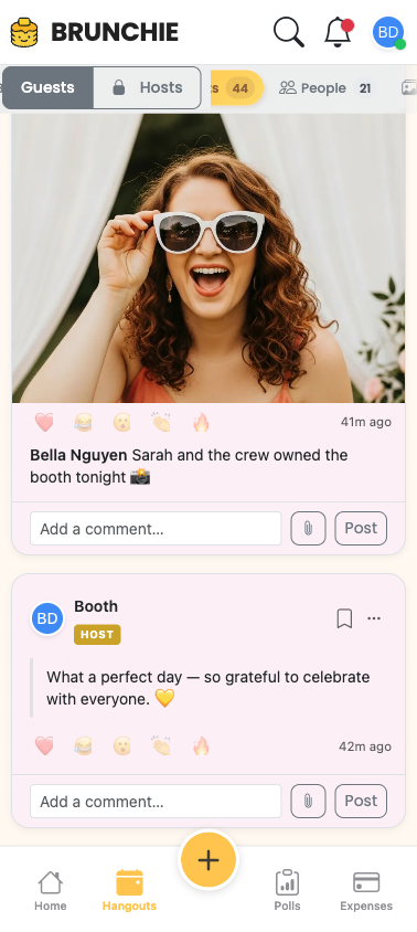 The same booth photo as a feed post, light theme