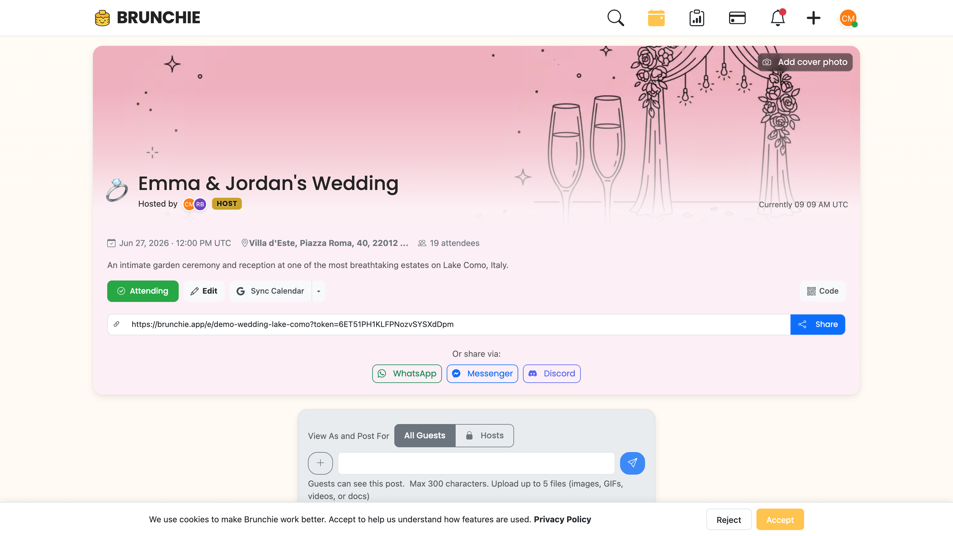Wedding Budget spreadsheet (hosts-only) on the Docs tab — Vendor Tracker with Confirmed/Deposit Paid statuses, Budget Overview tab, Hosts only badge. Captured against Demo::ScreenshotScenario(:wedding_hosts_only_budget). Used by blog/wedding-budget-spreadsheet.md, blog/weddings-upload-contracts-brunchie.md, blog/spreadsheets-fail-wedding.md.