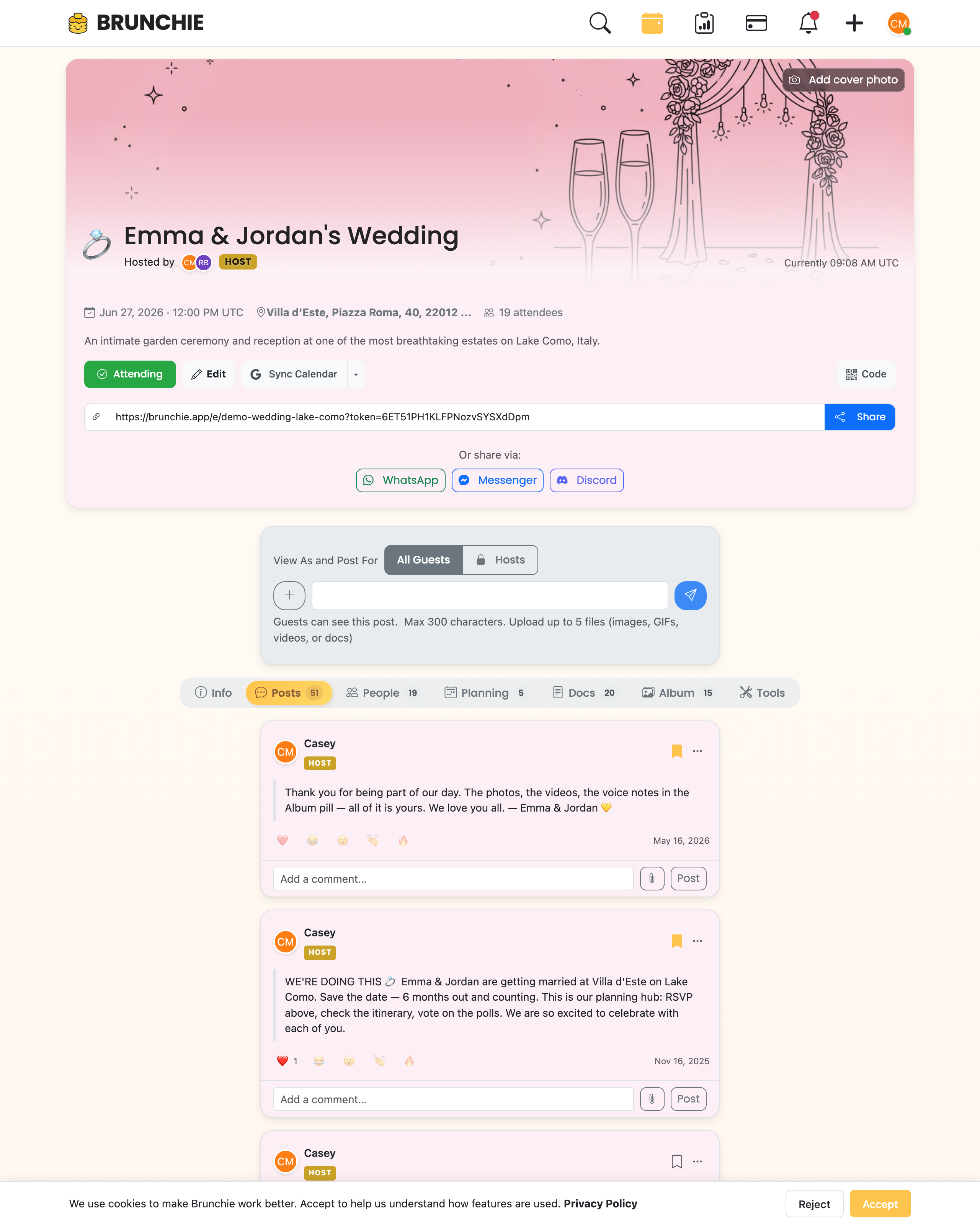 Wedding Posts tab led by a guest photo post — a real booth strip (carousel media) with the inline emoji reaction bar and the Lumina Booth vendor attribution, so the reader sees the shared album rather than the host text posts that sit atop the reverse-chron feed. Captured against Demo::ScreenshotScenario(:wedding_photobooth). Used by guides/photobooth.md and blog/wedding-photobooth-shared-album.md.