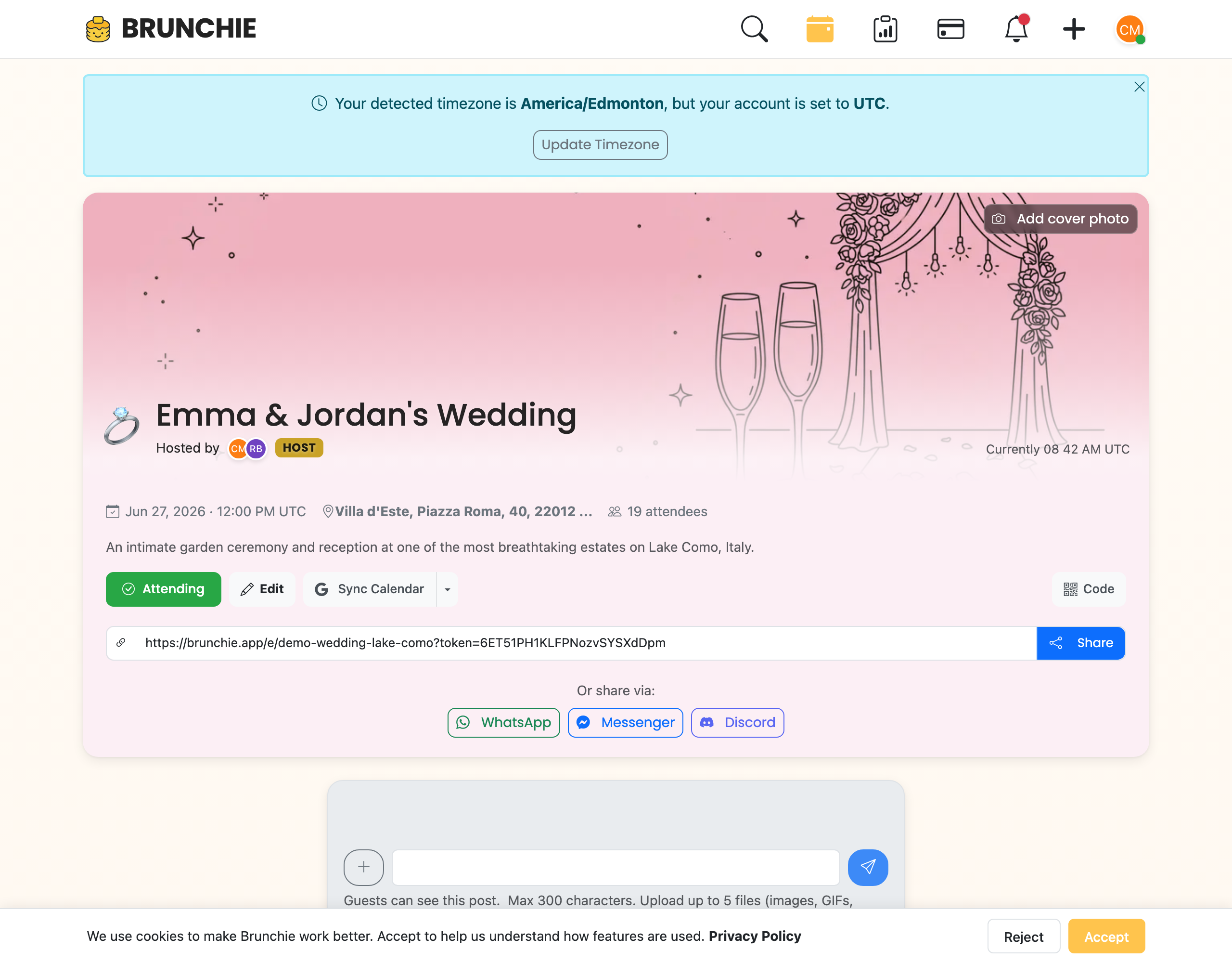 Wedding Posts tab composer: the caption field (up to 300 chars), the Attach control for up to 5 files (images, GIFs, videos, docs), and the 'View as and post for' All Guests / Hosts audience toggle. Documents the real posting flow — there is no in-app Still/Video/Boomerang/Voice-Memo capture picker. Captured against Demo::ScreenshotScenario(:wedding_photobooth_compose). Used by guides/photobooth.md.