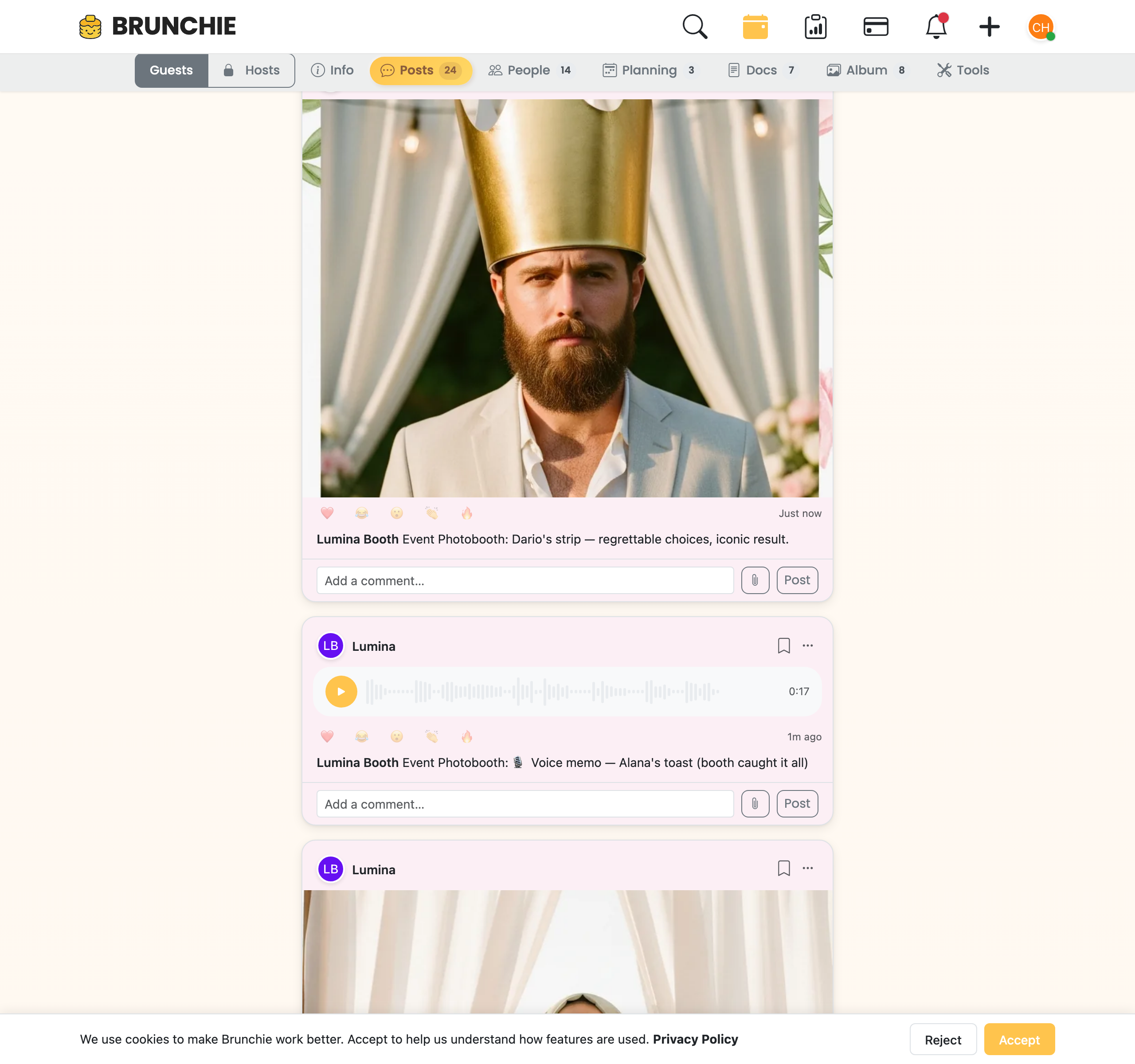 Wedding Posts tab scrolled to a guest voice-memo post — the play control, the pre-rendered waveform, and the duration. Voice memos are uploaded audio files, not an in-app recorder. Captured against Demo::ScreenshotScenario(:wedding_photobooth_voice_memo). Used by guides/photobooth.md.