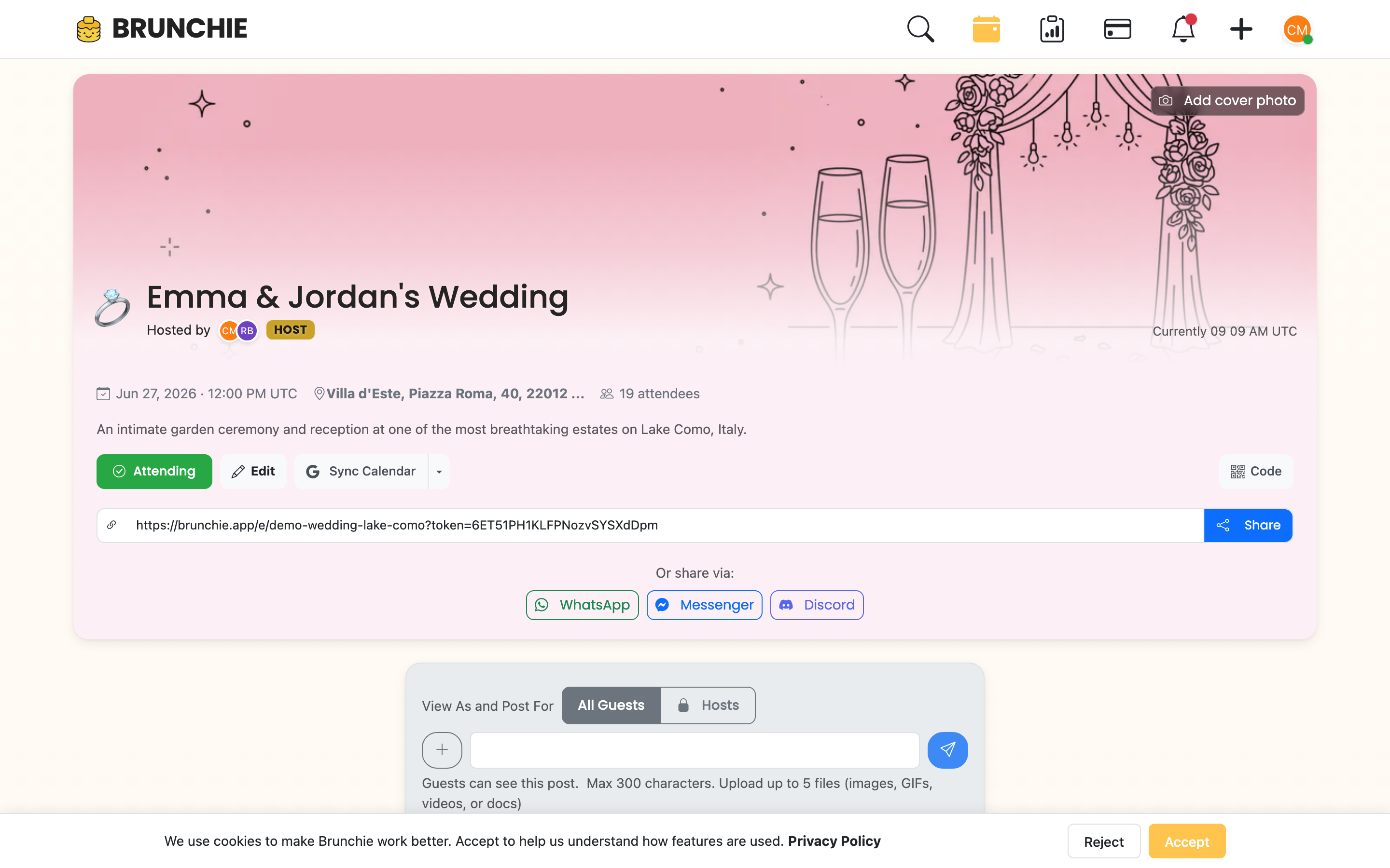 Wedding Registry checklist on the Docs tab — Planning Tasks with 4/12 complete, Hosts only badge, item rows with completion status. Captured against Demo::ScreenshotScenario(:wedding_registry_checklist). Used by blog/spring-wedding-checklist.md.