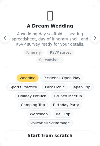 Cropped wizard template carousel with a chip selected — the active chip is highlighted to show which template is locked in. Used by guides/wizard_templates.md.