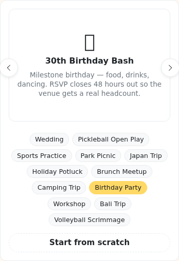 Cropped hangout template carousel card — A Dream Wedding template with Itinerary / RSVP survey / Seating chart chips visible. Used by guides/wizard_templates.md.