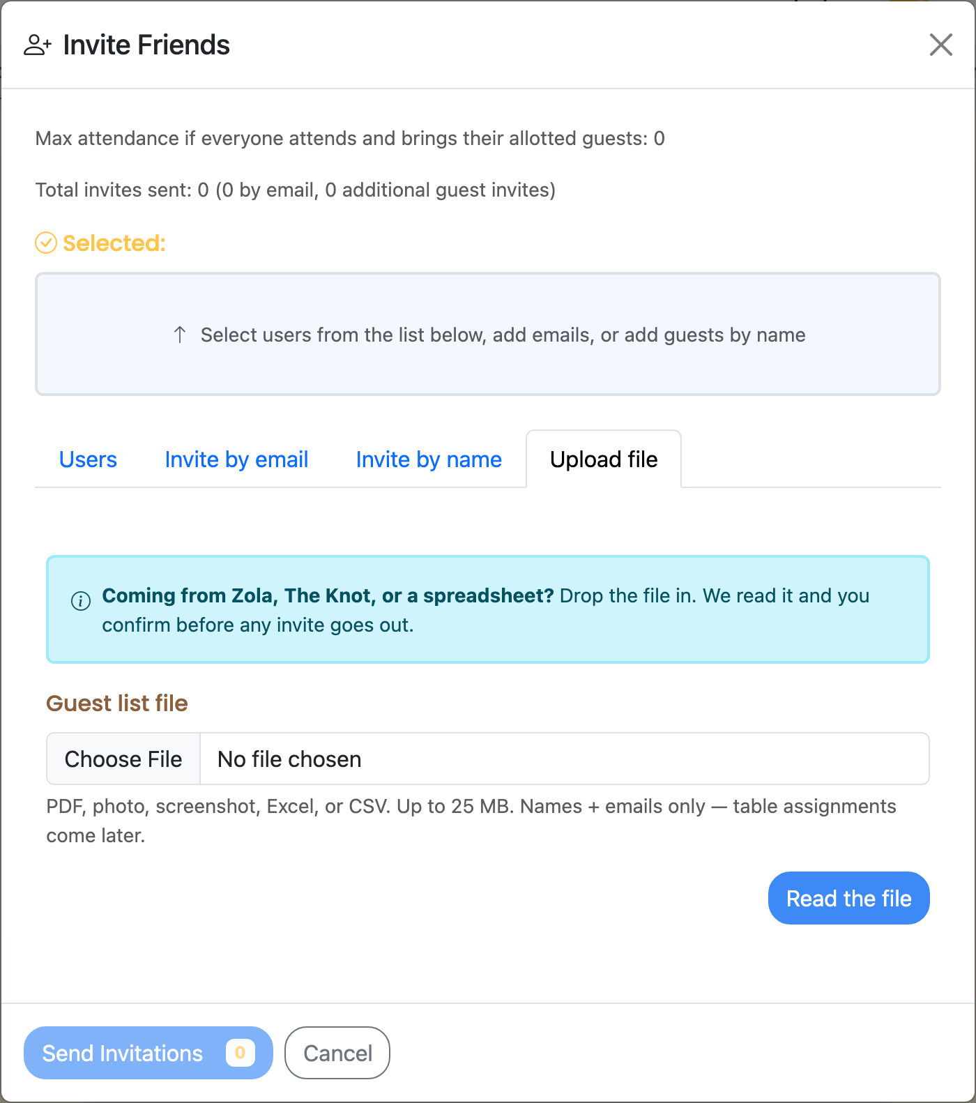 Drop a file and Brunchie reads it — you confirm every row before a single invite goes out