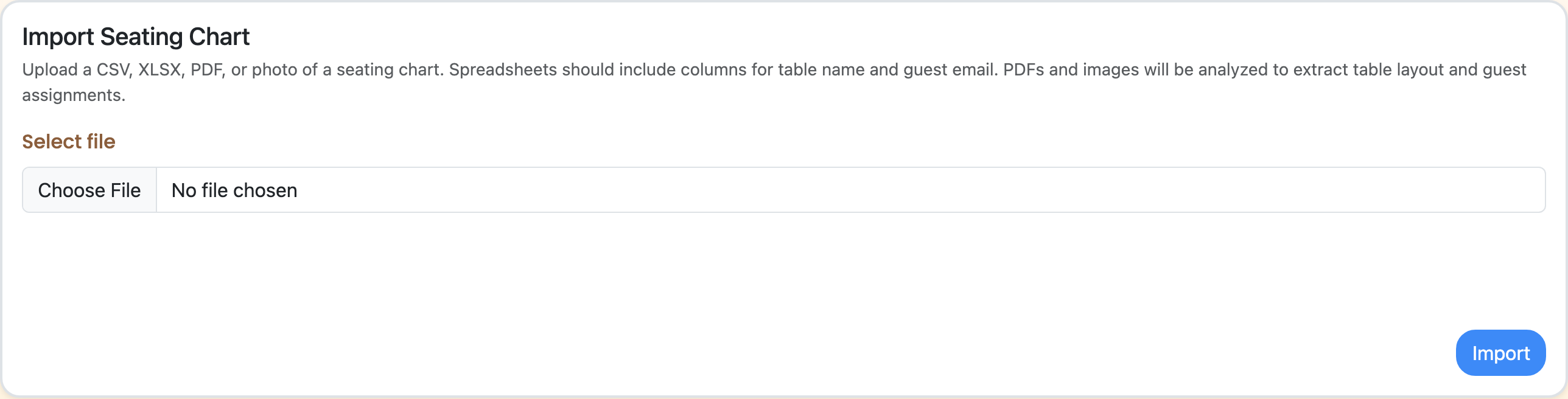 Upload a PDF, photo, or spreadsheet — Brunchie extracts tables and assigns guests so you don't have to retype anything