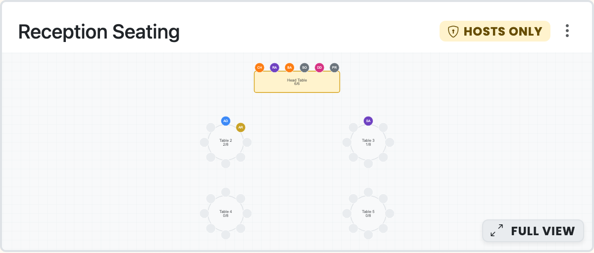 The inline seating chart on the hangout page — guests find their table without a separate link